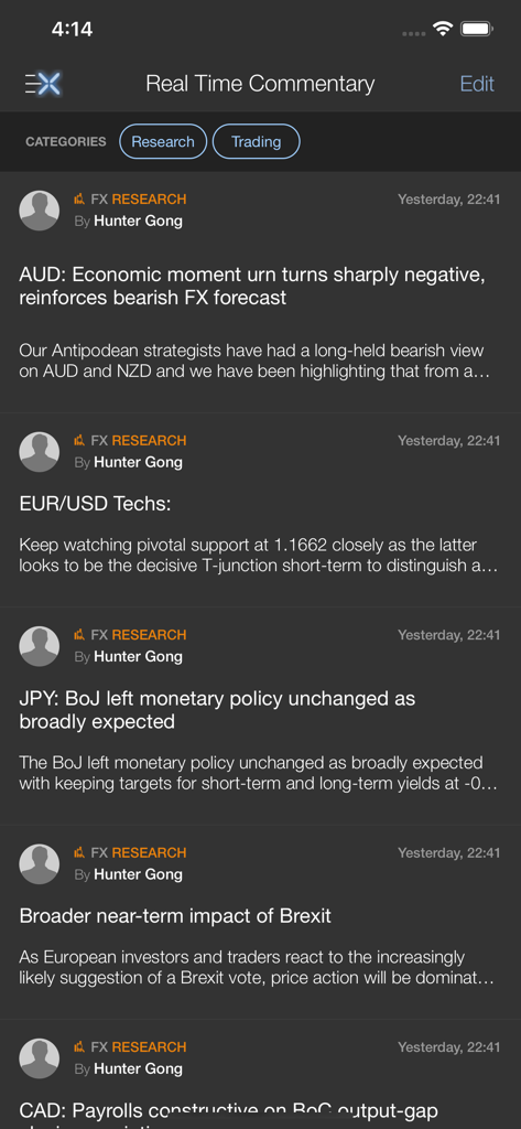 Execute by J.P. Morgan - A mobile screen showing real-time FX research commentary and market analysis within the Execute by J.P. Morgan app