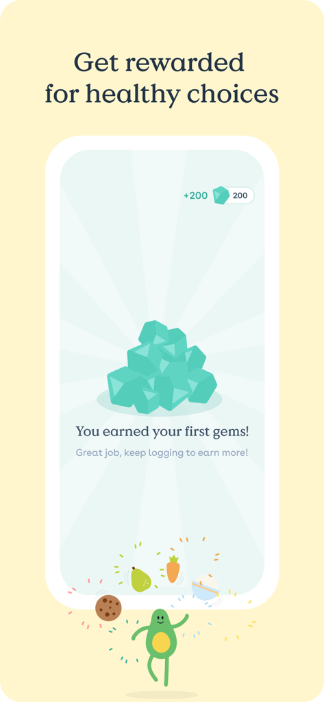 A screen from the Foodvisor app showing gem rewards for logging healthy meals