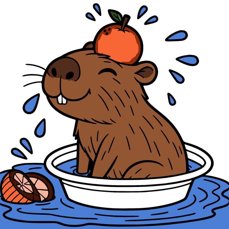 capybara taking a bath and there is an orange on his head