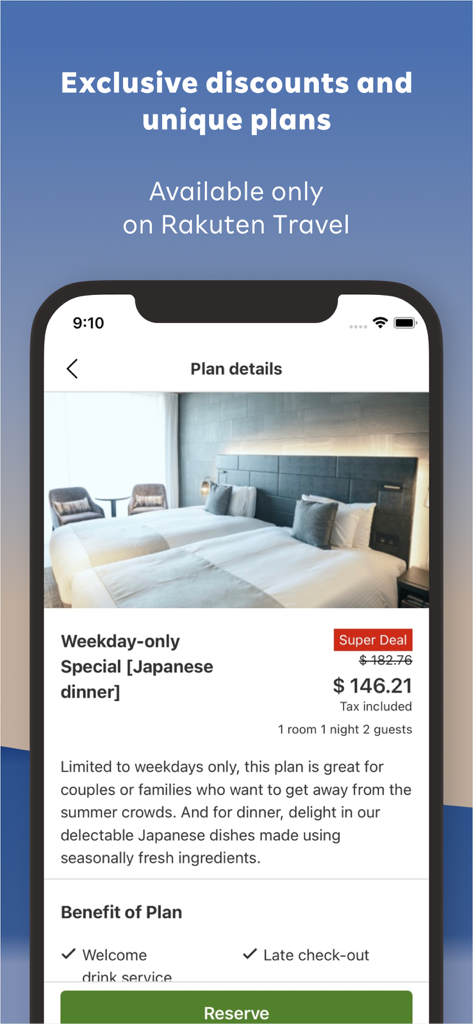 Rakuten Travel app showing exclusive hotel discounts and unique booking plans