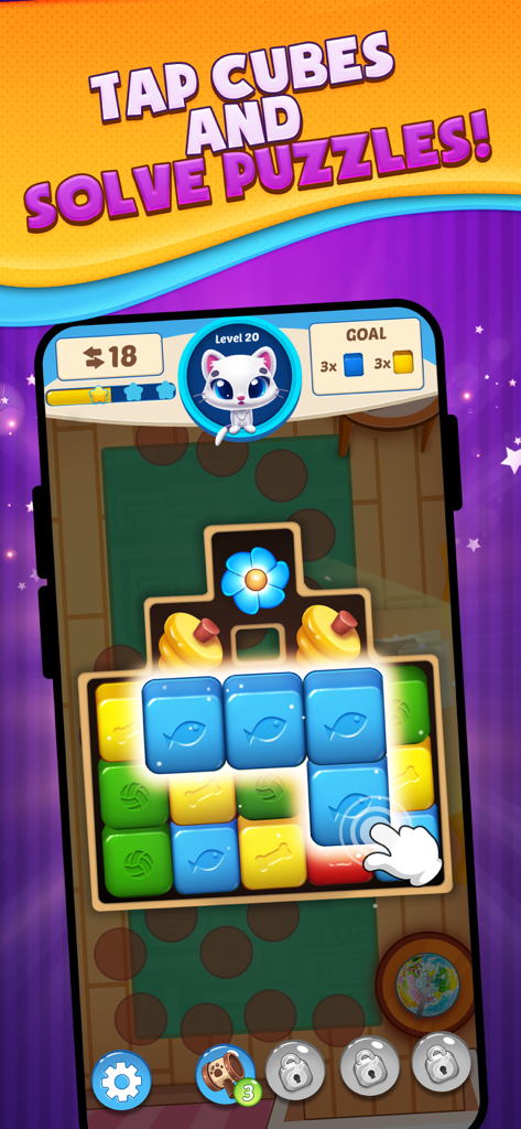 Puzzle Pop Blaster - Ein farbenfroher Bildschirm eines mobilen Puzzlespiels, auf dem eine Hand passende blaue Würfel antippt, um ein Level zu lösen