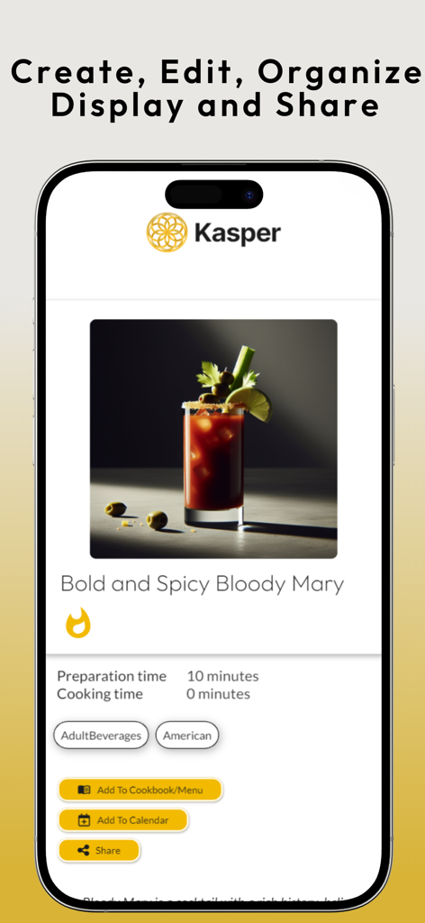 Kasper AI Master Private Chef - Una página de receta audaz y picante de Bloody Mary en la aplicación Kasper AI Master Private Chef que muestra detalles de preparación y opciones de libros de cocina.
