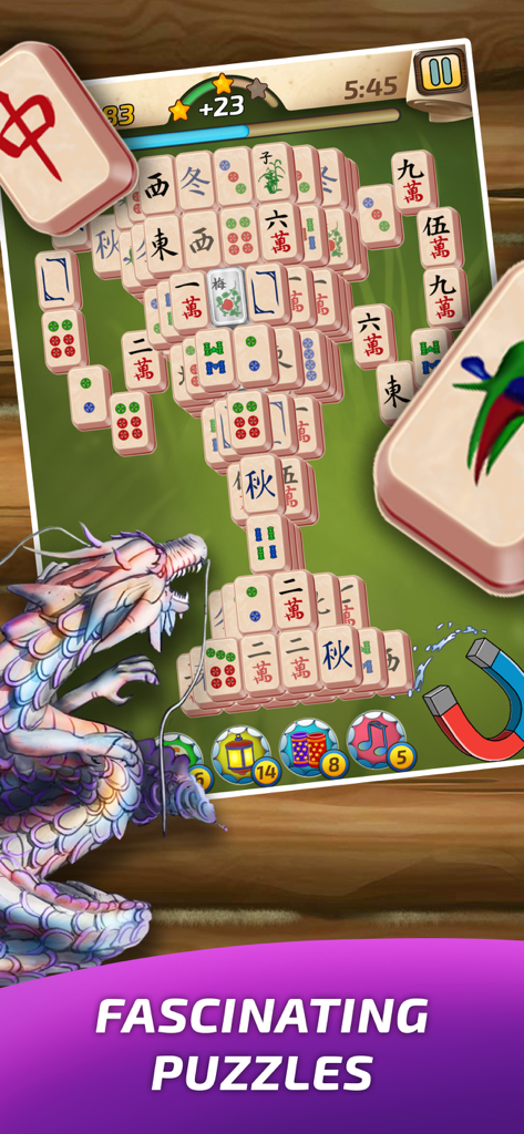 Mahjong Village Solitaire game - A mahjong solitaire puzzle layout with traditional tiles and a decorative dragon illustration