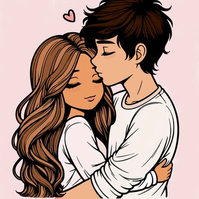 a realistic couple boy and girl hugging and kissing