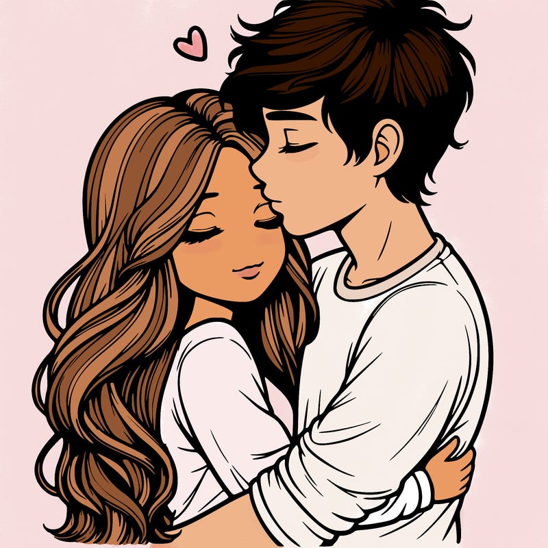 a realistic couple boy and girl hugging and kissing
