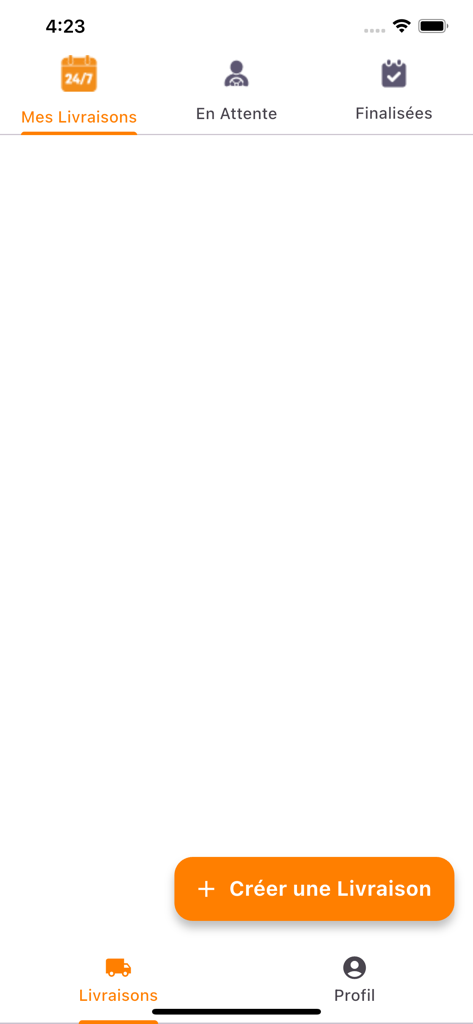 새로운 요청을 생성하는 버튼이 있는 배달 관리 화면을 보여주는 DayTruck 클라이언트 앱 인터페이스