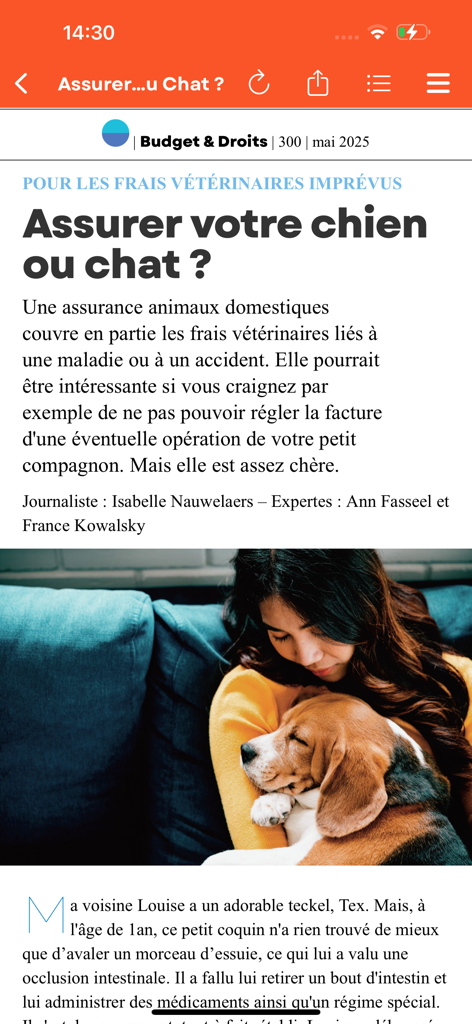 Testachats Digital - Testachats Digitalアプリ内の、犬と猫のペット保険に関する雑誌記事