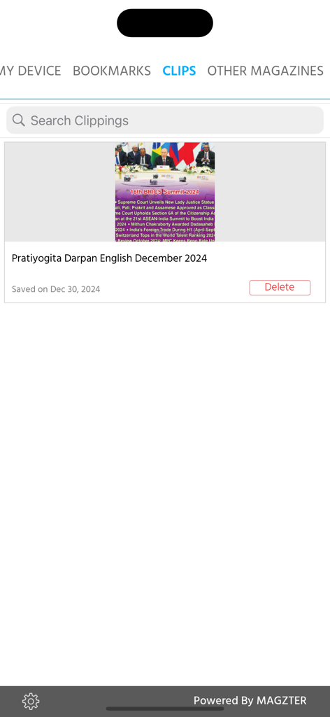 Pratiyogita Darpan Magazine - The Clips section in the Pratiyogita Darpan app showing a saved magazine clipping