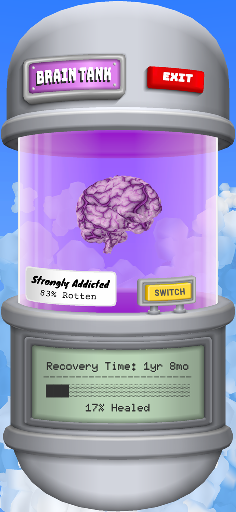 Anti-Goon: Quit Gooning - Écran Brain Tank dans l'application Anti-Goon montrant la progression du rétablissement et le niveau de dépendance.
