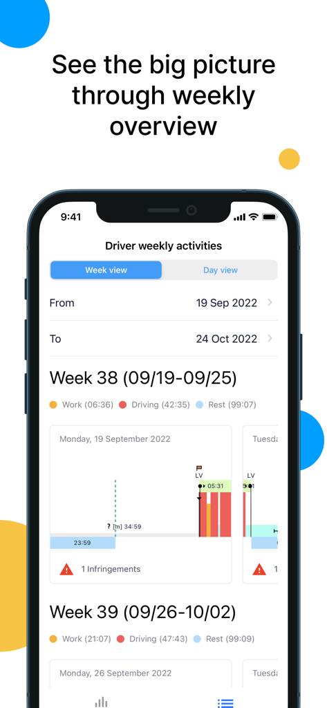 Tachogram - Una pantalla de smartphone mostrando la vista general de actividades semanales del conductor de la aplicación Tachogram, incluyendo tiempos de conducción y descanso.