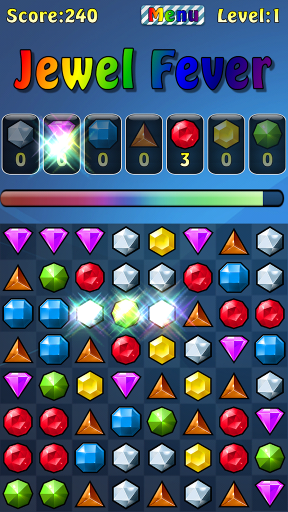 Jewel Fever - A colorful match three puzzle grid in the Jewel Fever mobile game