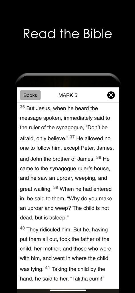 Bible Verses: Daily Devotional - Mobile screen displaying a passage from the Gospel of Mark in a Bible reading app