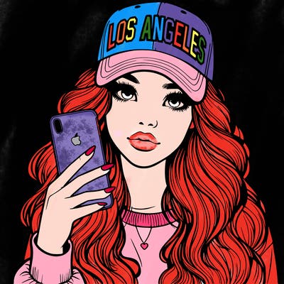 realistic beautiful girl wearing los ángeles cap holding an iphone
