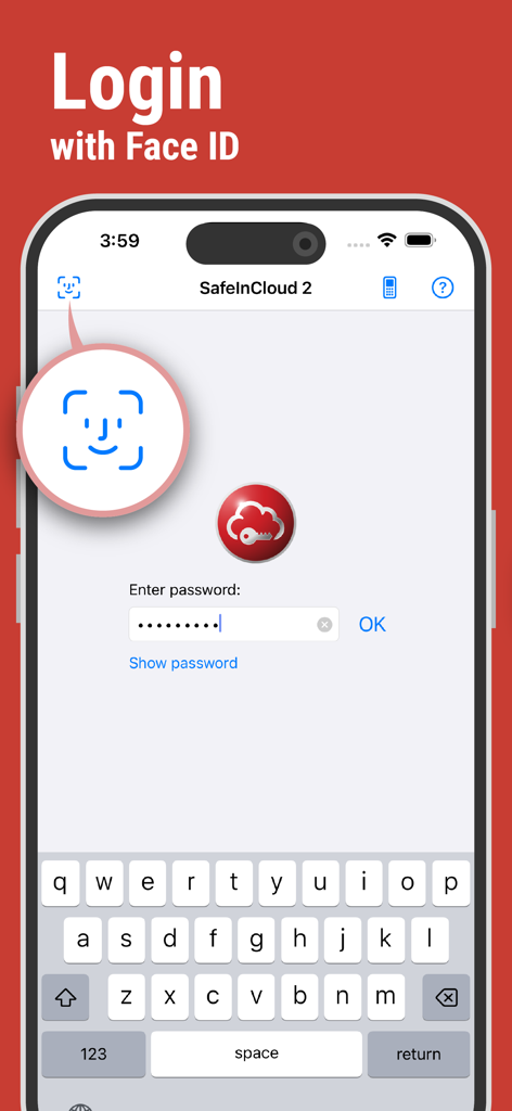 SafeInCloud 1 - SafeInCloud Passwort-Manager Anmeldebildschirm mit biometrischer Face ID-Authentifizierung auf einem iPhone
