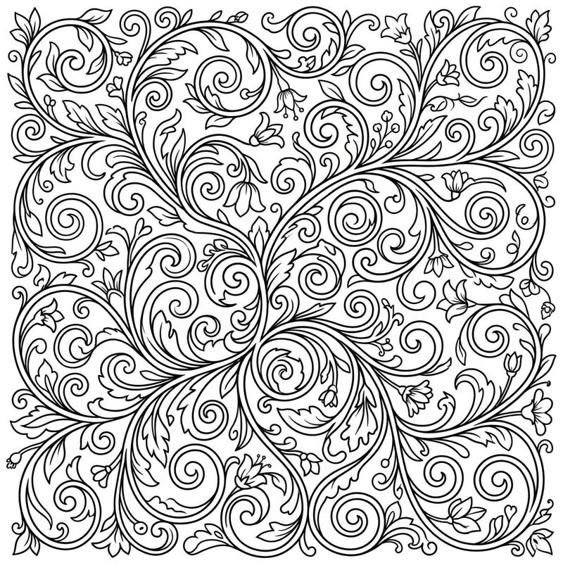 Dive into the mesmerizing world of floral tendril spirals with this intricate coloring template. Its delicate winding patterns of vines and blossoms offer a deeply satisfying and artistic escape.