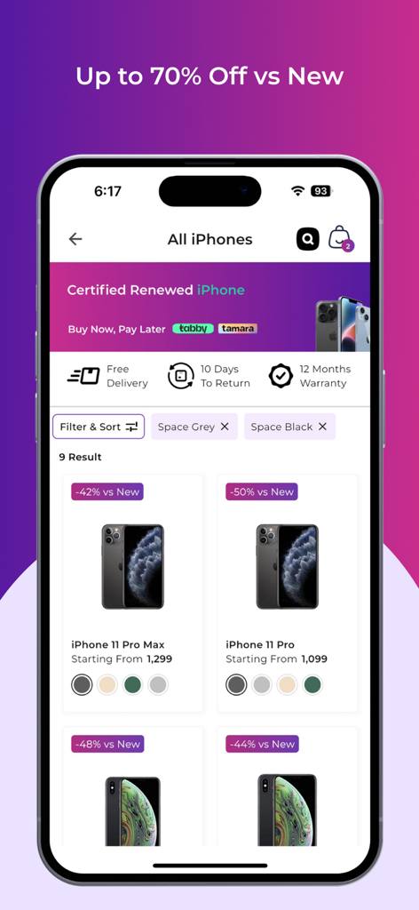Revibe mobile app interface showing certified renewed iPhone listings with discounts and warranty information