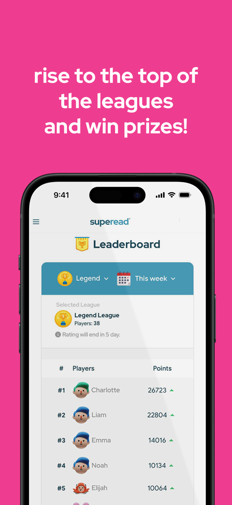 Tabla de clasificación de la aplicación Superead que muestra clasificaciones competitivas y puntos de los jugadores en la Liga de Leyendas.