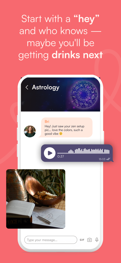 Spicy: Lesbian Dating Chat - In-app chat screen for Spicy dating app showing an astrology interest group with a voice message and a shared photo.