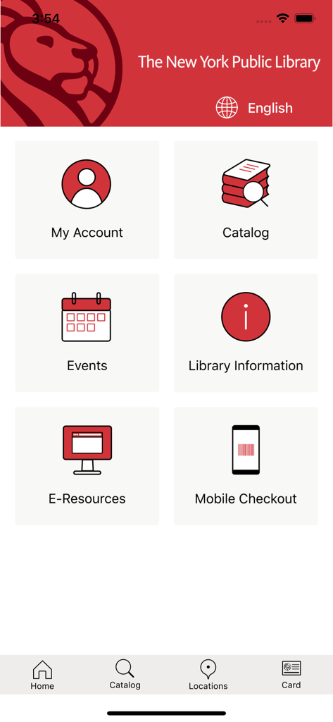 New York Public Library (NYPL) - The home screen of the NYPL mobile app featuring menu icons for account catalog events and mobile checkout