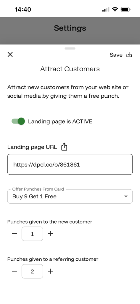 Tela de configurações do aplicativo digiPunchcard para atrair novos clientes e definir recompensas de carimbos por indicação