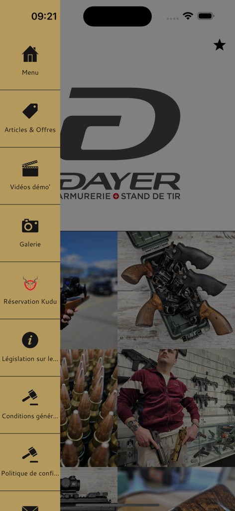 Interface de l'application DASA montrant le menu de navigation et une galerie avec des images d'armes à feu et de munitions