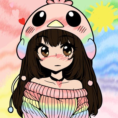 anime girl with chick shaped hat with sweater with bare shoulders with bangs covering them one eye with low tail
