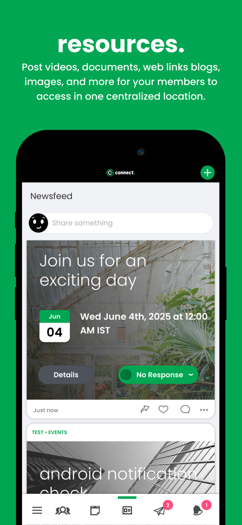 connectapp. - Smartphone display of the connectapp newsfeed and resource section.