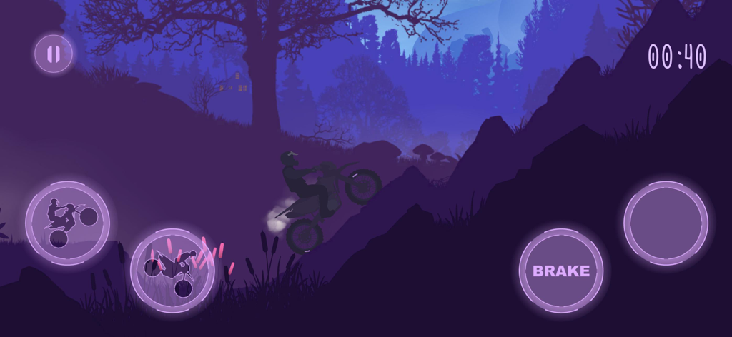 Gravity Trip - La silueta de un piloto de moto subiendo una empinada montaña por la noche en el juego Gravity Trip