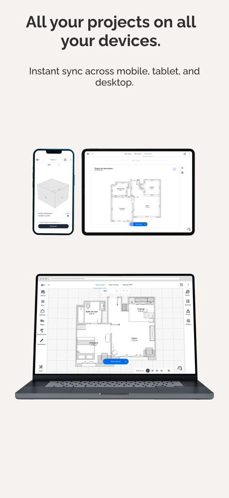 Visuary - The Smart Floor Plan - Visuary app synchronized across a smartphone, tablet, and laptop showing a detailed floor plan.