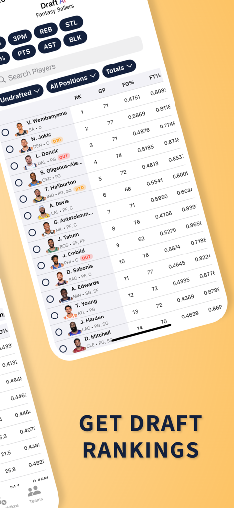 FantasyHoops AI - Captura de tela do aplicativo FantasyHoops AI mostrando rankings personalizados de jogadores de draft da NBA e estatísticas de jogadores