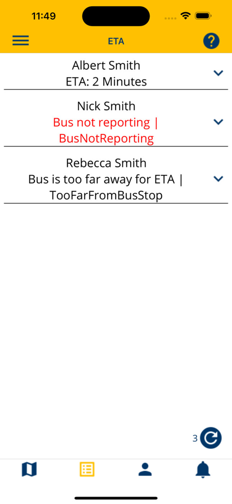 Chipmunk app screen showing school bus arrival times for children