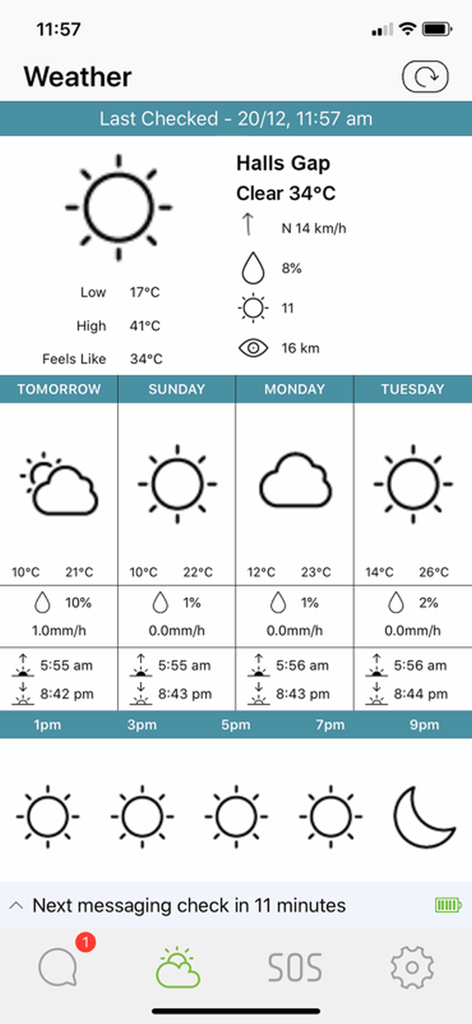 ZOLEO - ZOLEO app interface showing a detailed weather forecast with daily and hourly conditions