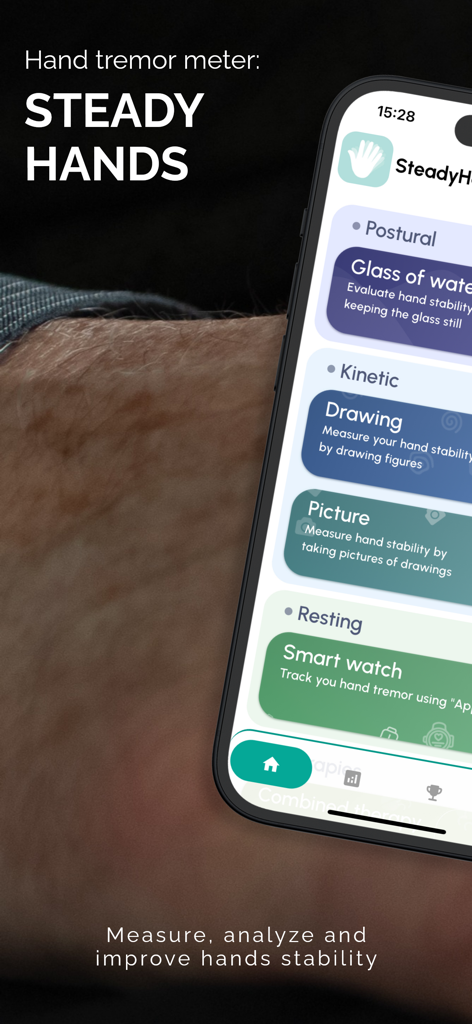 Steady Hands - tremor meter - Steady Hands app interface displaying postural kinetic and resting tremor tests