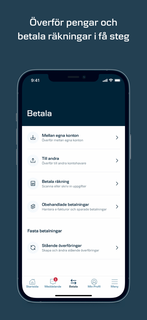 スウェーデン語での送金および請求書支払い用のダンスケ銀行モバイルアプリ支払いメニュー