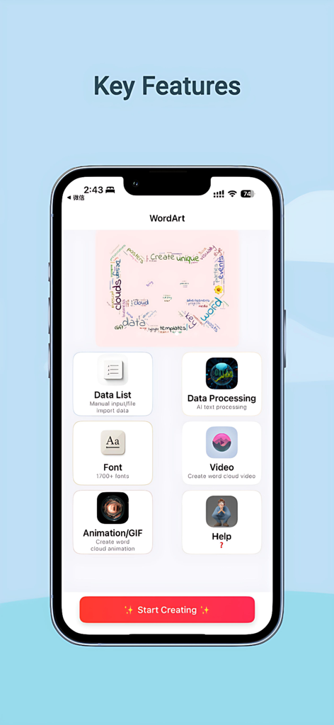 데이터 처리, 폰트 선택, 비디오 내보내기 옵션과 같은 주요 기능이 표시된 WordArt 단어 구름 생성기 앱의 인터페이스