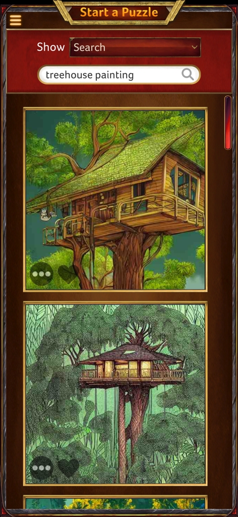 Puzzle Together app interface showing search results for treehouse painting images to start a new jigsaw puzzle.