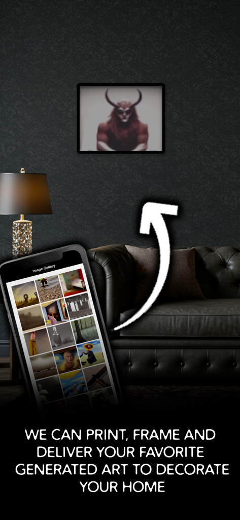 A smartphone showing a gallery of AI-generated paranormal art with an arrow pointing to a framed print on a wall