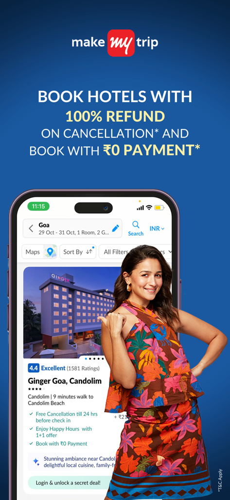 Tela do aplicativo MakeMyTrip para reservas de hotel com opções de reembolso e pagamento zero