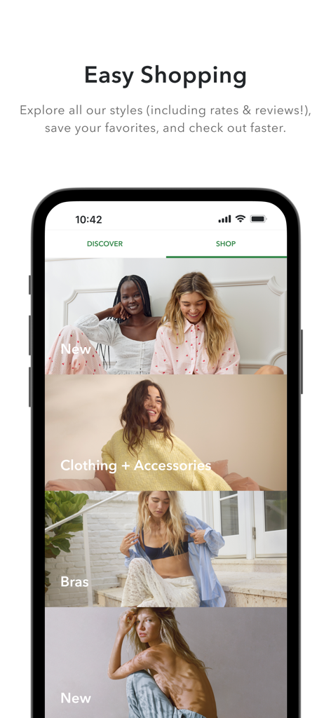 Uno screenshot dell'app mobile AE e Aerie che mostra la scheda shop con categorie di abbigliamento tra cui nuovi arrivi e reggiseni.