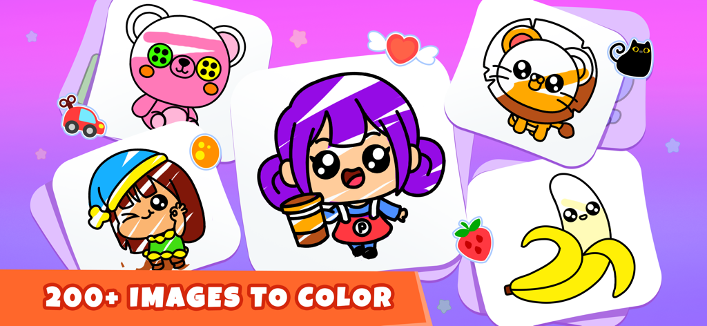 Colouring & Drawing for Girls - Colección de lindos personajes de dibujos animados que incluyen un león, un oso y un plátano de una aplicación para colorear para niños