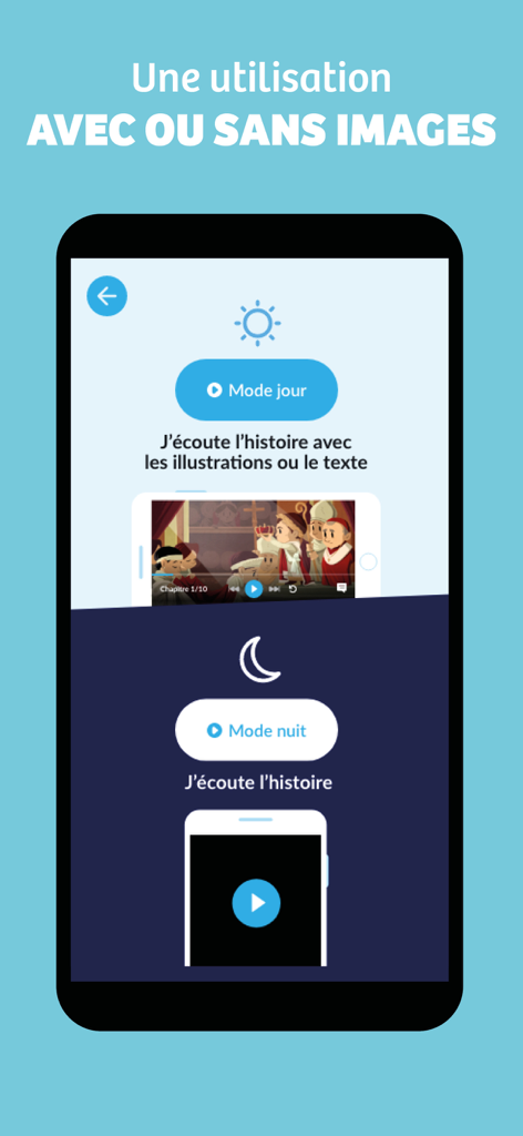 Interface showing day mode with illustrations and night mode for audio-only storytelling in French