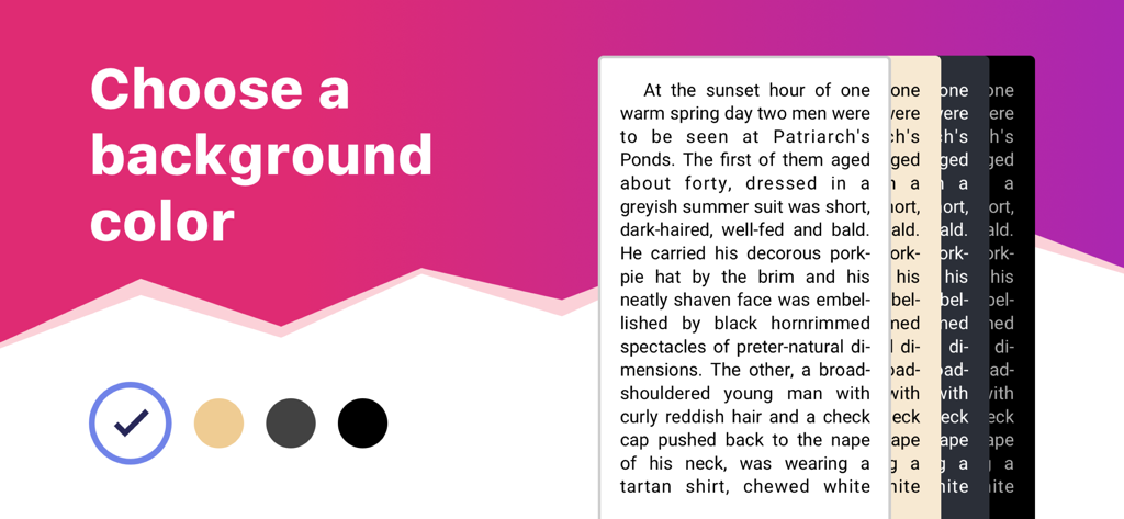 eBoox app interface showing background color options for reading including white sepia and dark mode