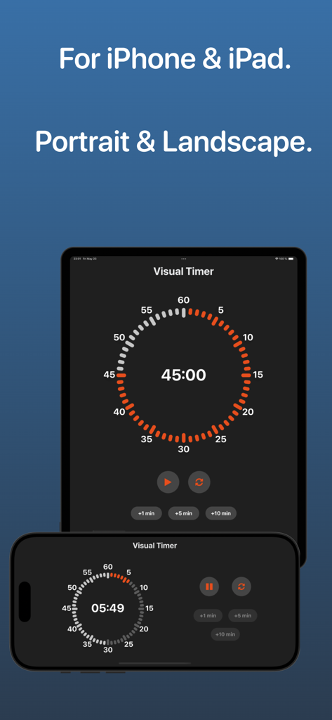 SeeTheTime visual timer app interface displayed on iPhone and iPad in both portrait and landscape modes