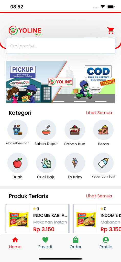 Yoline 앱 홈 화면, 쌀 및 과일과 같은 식료품 카테고리와 상품 목록 표시