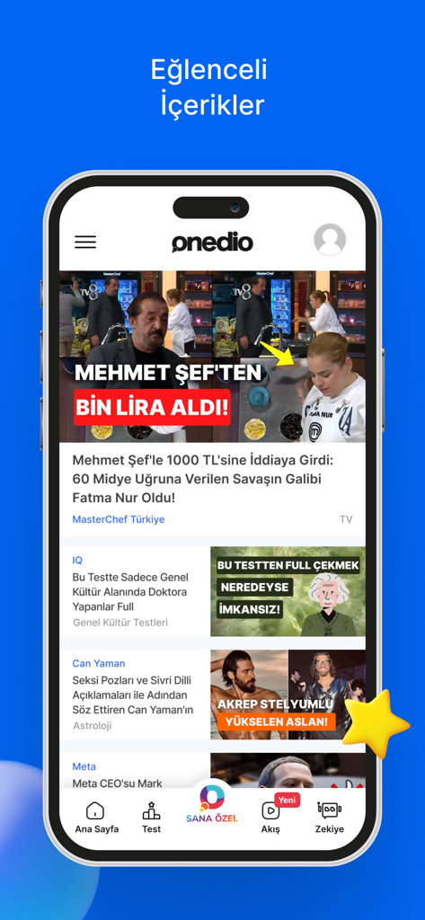 Onedio – İçerik, Haber, Test - Pantalla de la aplicación móvil Onedio que muestra artículos de noticias de entretenimiento y quizzes en turco.