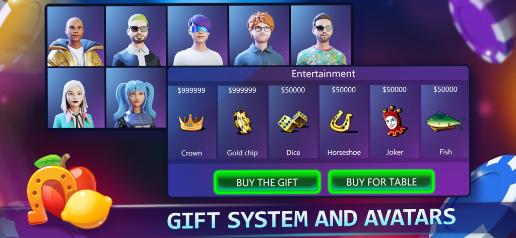 Poker Face: Texas Holdem Poker - A menu showing diverse 3D avatars and virtual gifts like crowns and gold chips in the Poker Face app