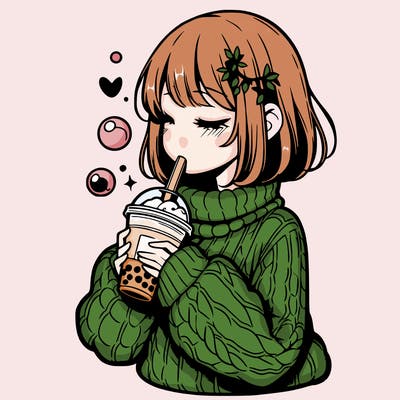 manga girl drinking boba in cozy sweater