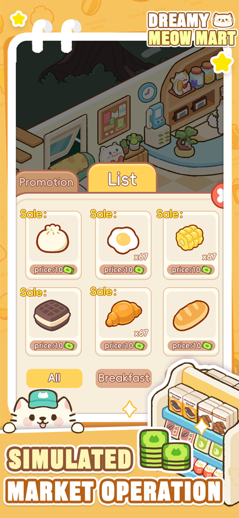 Dreamy Meow Mart game interface showing a list of food items for sale in a cute cat themed market simulation.