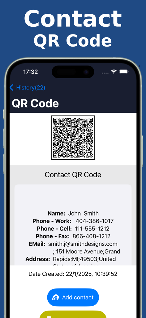 Easy QR Pro : QR Scanner - Pantalla de la aplicación móvil que muestra los detalles de contacto de un código QR escaneado con un botón para agregar contacto