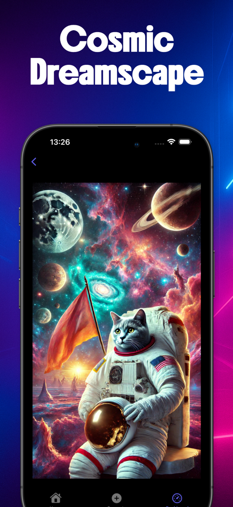 AI Anime Art Generator Villor - Image générée par IA d'un chat en combinaison d'astronaute sur une planète extraterrestre colorée dans l'application Villor